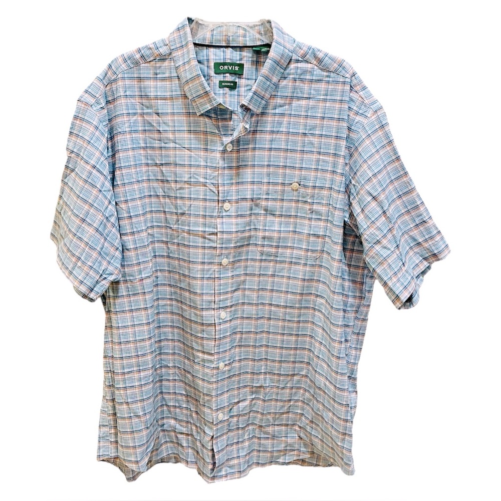 Orvis Men's Blue Plaid Classic Fit Short Sleeve Button Down Shirt XXL